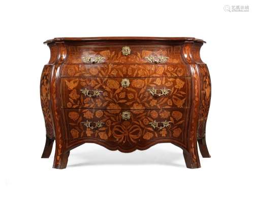 A DUTCH MAHOGANY AND FLORAL MARQUETRY BOMBE COMMODE, IN 18TH...