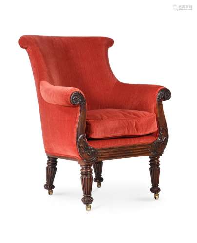Y A REGENCY ROSEWOOD AND UPHOLSTERED LIBRARY ARMCHAIR, CIRCA...