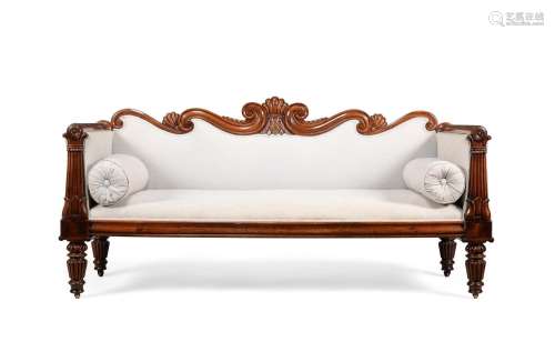 Y A GEORGE IV CARVED ROSEWOOD AND UPHOLSTERED SOFA, CIRCA 18...