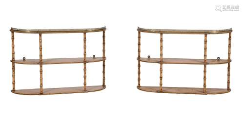 A PAIR OF PAINTED AND SIMULATED BAMBOO HANGING WALL SHELVES,...