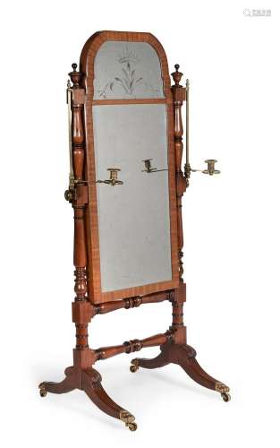 A REGENCY MAHOGANY AND EBONISED CHEVAL MIRROR, IN THE MANNER...