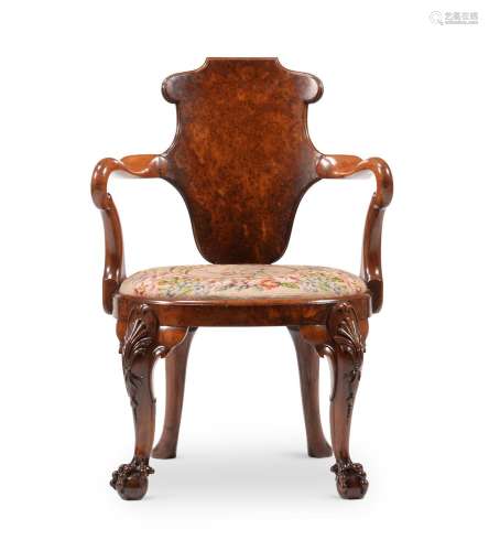 A WILLIAM IV YEW AND BURR YEW ARMCHAIR, IN GEORGE II STYLE, ...