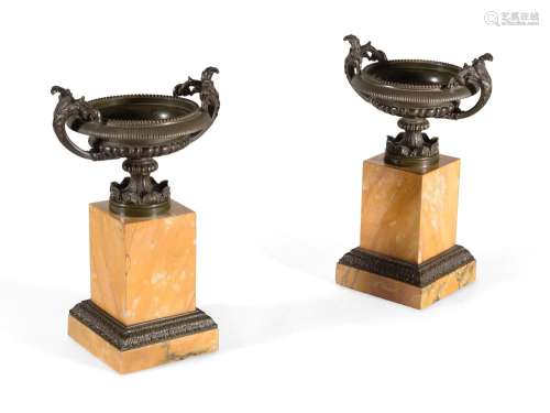A PAIR OF 'GRAND TOUR' BRONZE AND SIENA MARBLE URNS, ITALIAN...