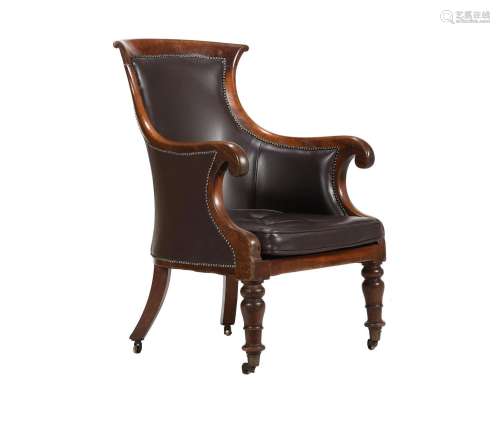 A WILLIAM IV MAHOGANY AND LEATHER LIBRARY ARMCHAIR, CIRCA 18...