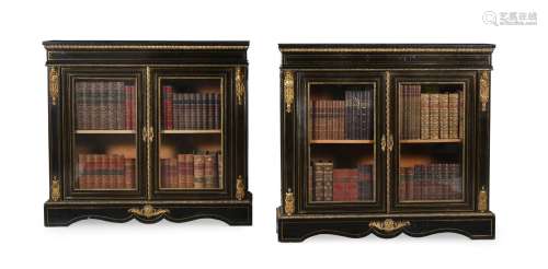 A PAIR OF VICTORIAN EBONISED AND GILT METAL MOUNTED SIDE CAB...