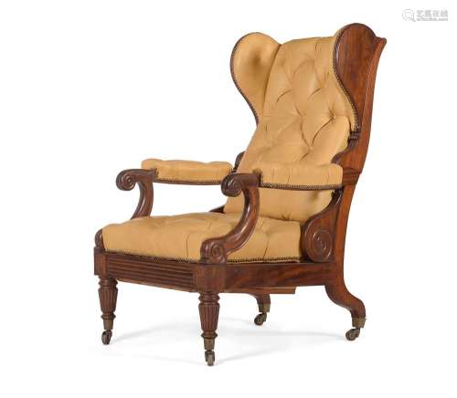 A WILLIAM IV MAHOGANY AND LEATHER ADJUSTABLE ARMCHAIR, CIRCA...