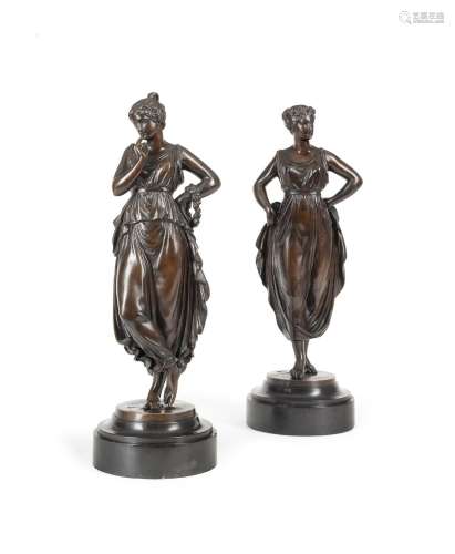 AFTER CANOVA, A PAIR OF BRONZE MAIDENS ON MARBLE BASES, FREN...
