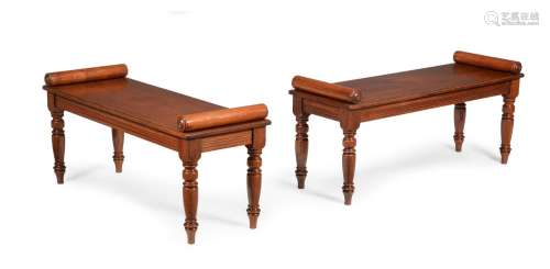 A PAIR OF VICTORIAN WALNUT HALL BENCHES, CIRCA 1880