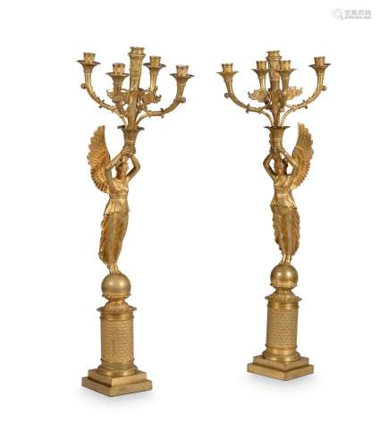 A PAIR OF LOUIS PHILIPPE FIVE-LIGHT GILT METAL CANDELABRA, S...