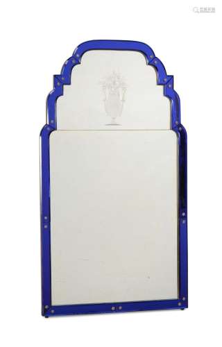 A BLUE GLASS FRAMED WALL MIRROR, 20TH CENTURY