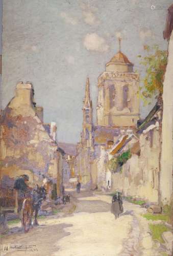 Eugène VILLON (1879-1951)<br />
Locronan<br />
Huile sur pan...