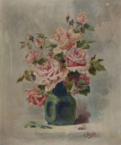 C POINCOT (Début XXe siècle)<br />
Bouquet de roses à la sau...