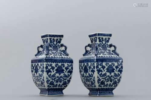 Pair of blue and white floral square vases