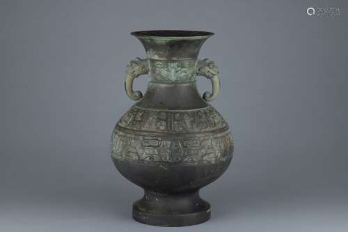 Ming bronze vase with a pair of handles in form of monster