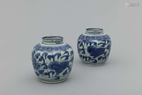 Pair of Ming blue and white porcelain jars with foo-dogs