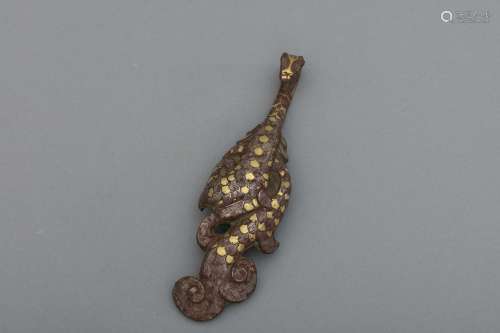 Warring States period bronze belt-hook with gold,silver inla...