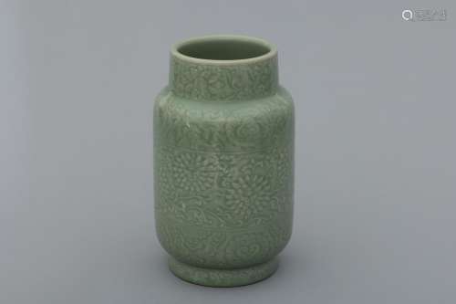 Ming Longquan celadon floral carved vase
