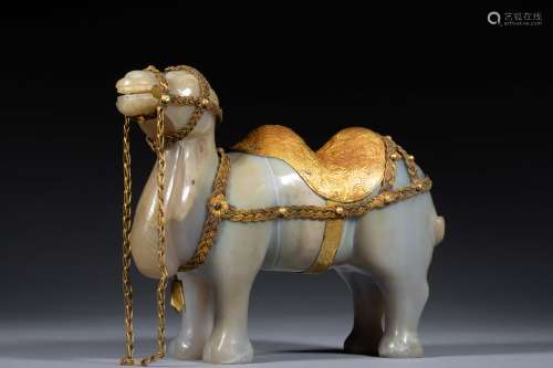 Liao jade camel statue with gold saddle and harness
