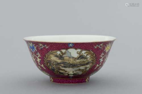 Qing carmine-red and famille-rose porcelain bowl