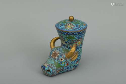 Cloisonne lidded container in form of ox-head