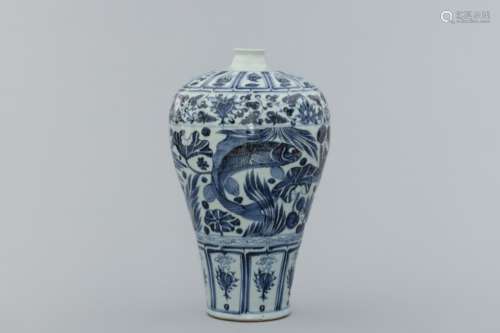 Ming blue and white fish Meiping vase