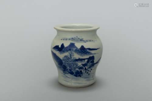 Qing scholar blue and white landscapes penbrush container