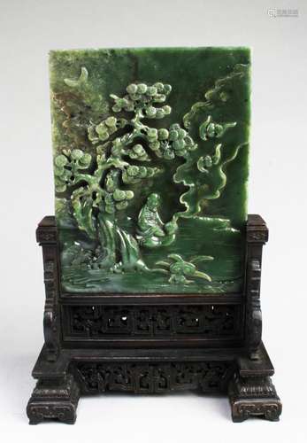 ANTIQUE CHINESE SPINACH JADE TABLE SCREEN WITH WOO