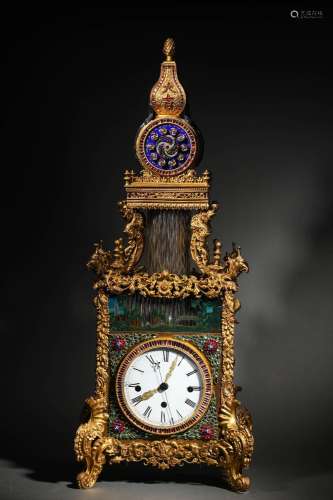 A GILT BRONZE CUM SEMI PRECIOUS STONES TABLE CLOCK