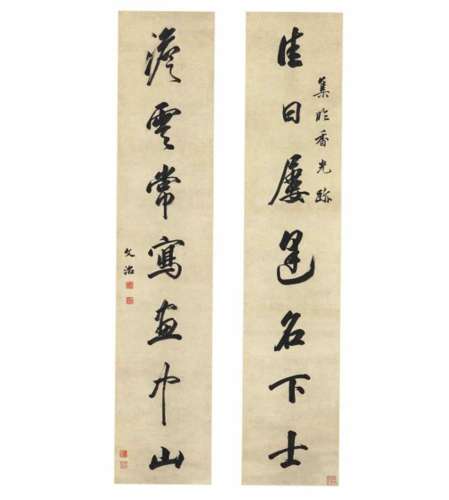 WANG WENZHI (1730-1802) SEVEN CHARACTER COUPLET IN