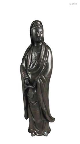 16TH/17TH C, RARE SILVER-INLAID BRONZE GUANYIN