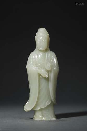 QIANLONG CARVED WHITE JADE GUANYIN STATUE