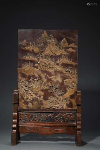 QING QIANLONG, A CARVED QI YANG STONE TABLE SCREEN