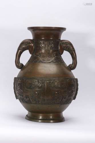 19世紀 象耳獸面紋銅瓶