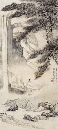 1938年作 张大千(1899-1983) 观瀑图 设色纸本 镜心