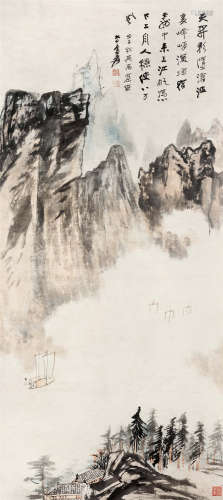 1942年作 张大千(1899-1983) 秋江帆影 设色纸本 立轴