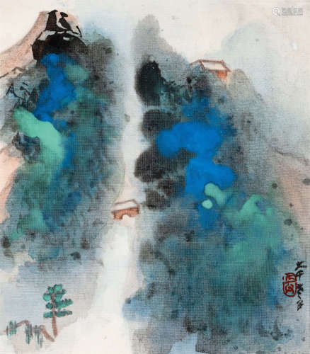 张大千(1899-1983) 岭上人家 设色绢本 镜心