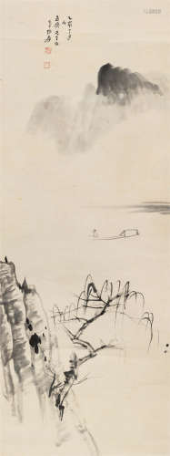1935年作 张大千(1899-1983) 清江垂钓 水墨纸本 立轴
