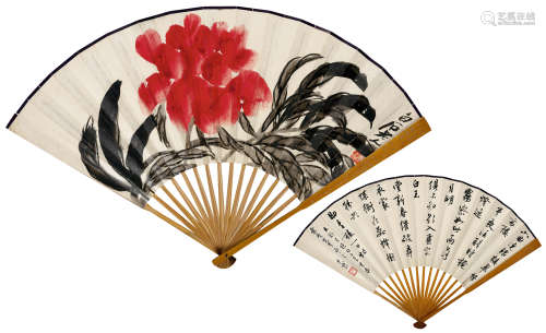 齐白石(1864-1957)、沈尹默(1883-1971) 富贵花开 设色纸本 成扇