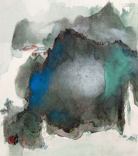 张大千(1899-1983) 烟雨幽居 设色绢本 镜心