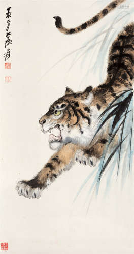 1947年作 张大千(1899-1983) 虎啸 设色纸本 立轴