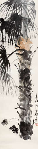 1951年作 齐白石(1864-1957) 棕榈雏鸡 设色纸本 镜心