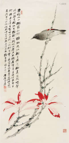 张大千(1899-1983) 红衣画眉 设色纸本 立轴