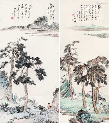 1942年作 张大千(1899-1983)、溥儒(1896-1963) 煮茶图对屏 设色纸...