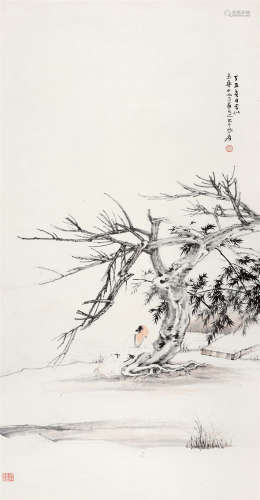 1937年作 张大千(1899-1983) 松下高士 设色纸本 立轴