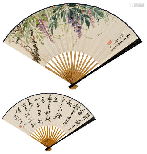 1936年作 徐世昌(1855-1939）) 紫藤·草书七言诗 设色纸本 成扇
