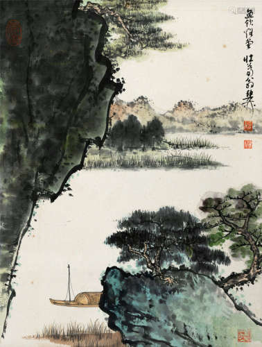 谢稚柳(1910-1997) 秋晚归舟 设色纸本 立轴