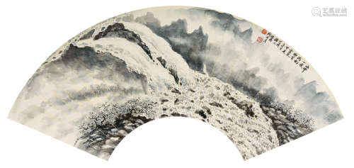 1964年作 陶冷月(1895-1985) 山中夜雨 设色纸本 扇面镜心