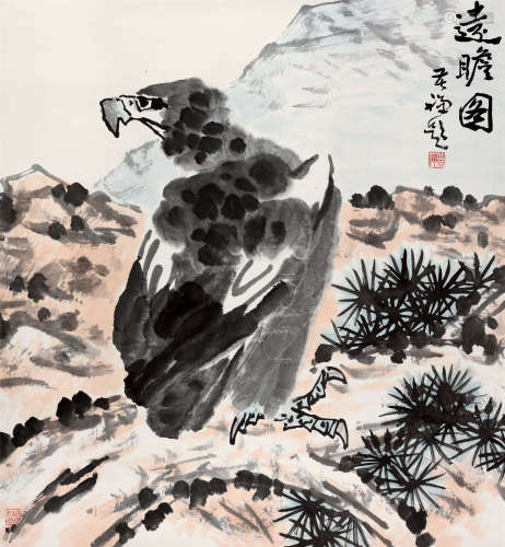 李苦禅(1899-1983) 远瞻图 设色纸本 立轴