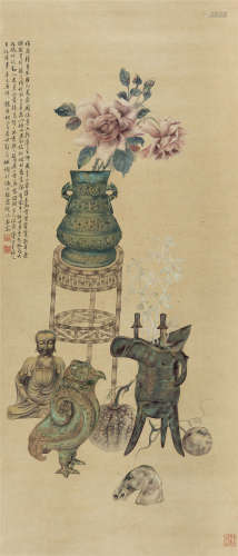 1881年作 钱泉(近代) 博古花卉 设色纸本 立轴