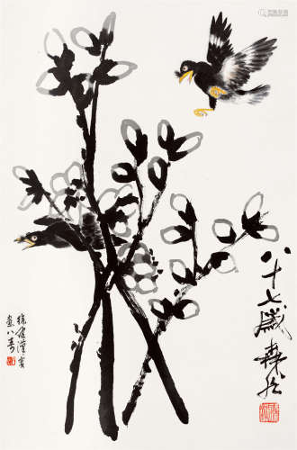 王森然(1895-1984）、徐健(b.1955) 腊梅八哥 设色纸本 镜心